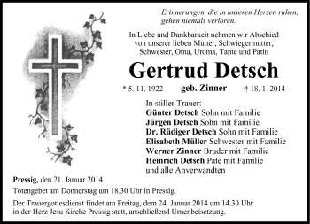 Traueranzeige von Gertrud Detsch von Neue Presse Coburg