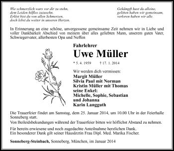 Traueranzeige von Uwe Müller von Südthüringer Presse