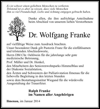 Traueranzeige von Wolfgang Franke von Südthüringer Presse