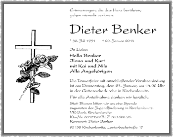 Traueranzeige von Dieter Benker von Frankenpost