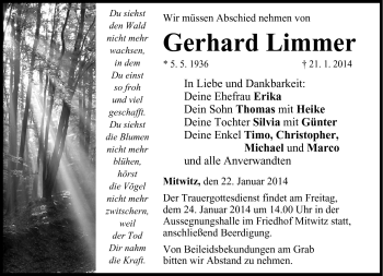 Traueranzeige von Gerhard Limmer von Neue Presse Coburg