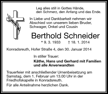 Traueranzeige von Berthold Schneider von Frankenpost