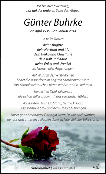 Traueranzeige von Günter Buhrke von Südthüringer Presse