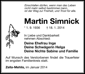 Traueranzeige von Martin Simnick von Südthüringer Presse