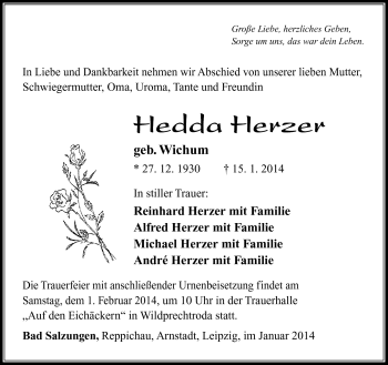 Traueranzeige von Hedda Herzer von Südthüringer Presse
