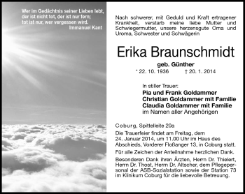 Traueranzeige von Erika Braunschmidt von Neue Presse Coburg