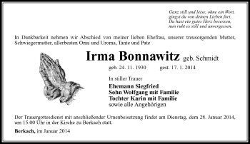 Traueranzeige von Irma Bonnawitz von Südthüringer Presse