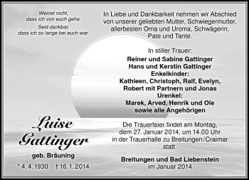 Traueranzeige von Luise Gattinger von Südthüringer Presse