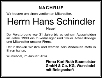 Traueranzeige von Hans Schindler von Frankenpost