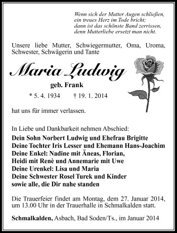 Traueranzeige von Maria Ludwig von Südthüringer Presse