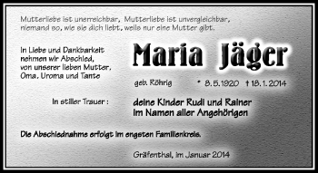 Traueranzeige von Maria Jäger von Südthüringer Presse