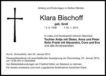 Traueranzeige von Klara Bischoff von Neue Presse Coburg