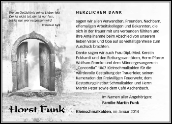 Traueranzeige von Horst Funk von Südthüringer Presse