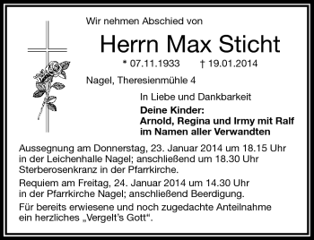 Traueranzeige von Max Sticht von Frankenpost