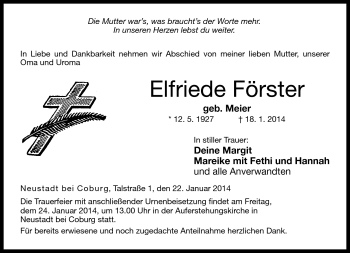 Traueranzeige von Elfriede Förster von Neue Presse Coburg