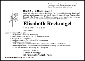 Traueranzeige von Elisabeth Recknagel von Südthüringer Presse