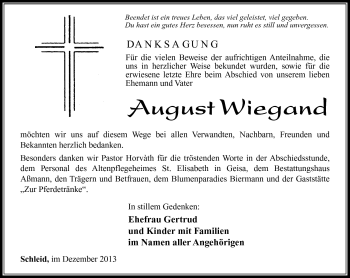 Traueranzeige von August Wiegand von Südthüringer Presse