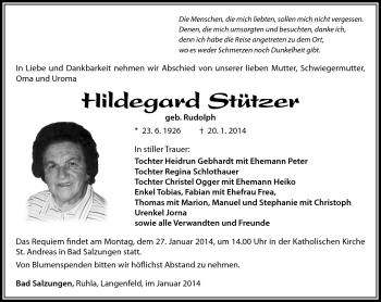 Traueranzeige von Hildegard Stützer von Südthüringer Presse