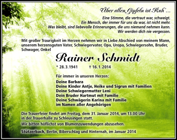 Traueranzeige von Rainer Schmidt von Südthüringer Presse