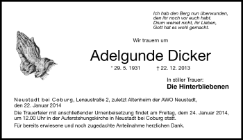 Traueranzeige von Adelgunde Dicker von Neue Presse Coburg