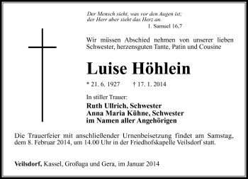 Traueranzeige von Luise Höhlein von Südthüringer Presse
