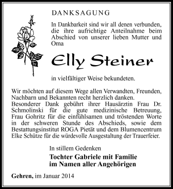 Traueranzeige von Elly Steiner von Südthüringer Presse