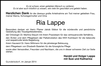 Traueranzeige von Ria Lappe von Neue Presse Coburg