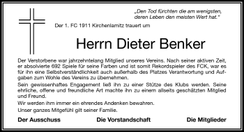 Traueranzeige von Dieter Benker von Frankenpost