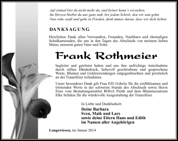 Traueranzeige von Frank Rothmeier von Südthüringer Presse