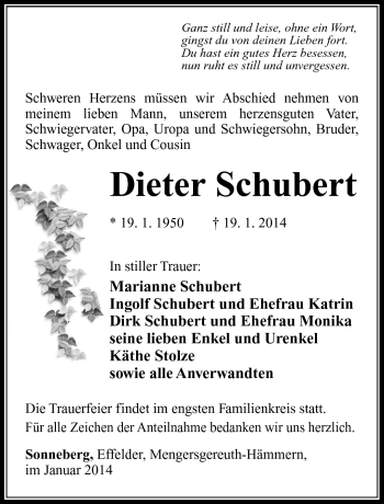 Traueranzeige von Dieter Schubert von Südthüringer Presse