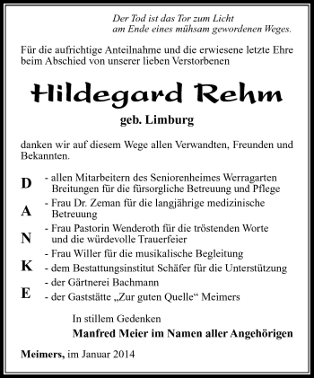 Traueranzeige von Hildegard Rehm von Südthüringer Presse