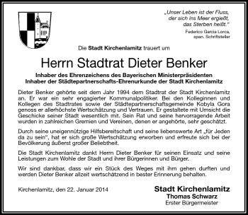 Traueranzeige von Dieter Benker von Frankenpost