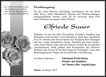 Traueranzeige von Elfriede Sauer von Südthüringer Presse