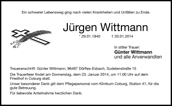 Traueranzeige von Jürgen Wittmann von Neue Presse Coburg