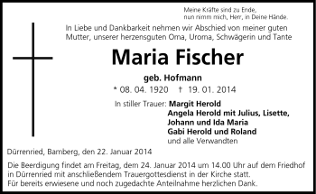 Traueranzeige von Maria Fischer von Neue Presse Coburg