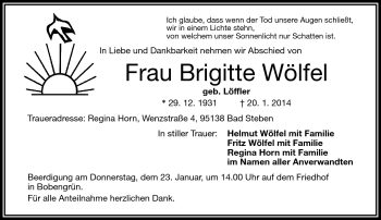 Traueranzeige von Brigitte Wölfel von Frankenpost