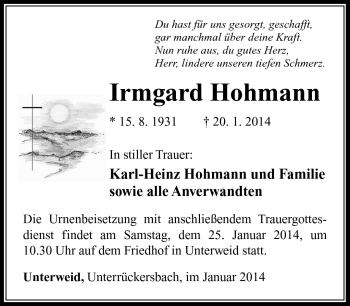 Traueranzeige von Irmgard Hohmann von Südthüringer Presse