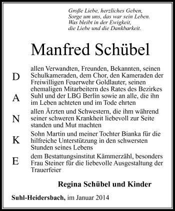 Traueranzeige von Manfred Schübel von Südthüringer Presse