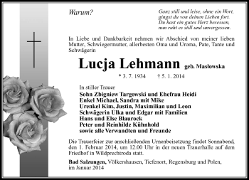Traueranzeige von Lucja Lehmann von Südthüringer Presse