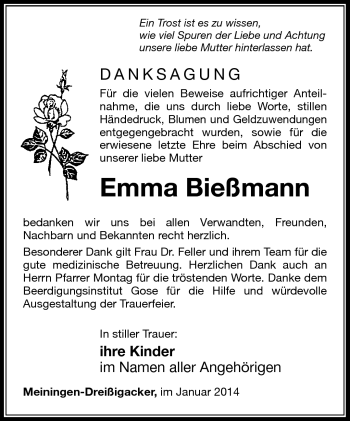 Traueranzeige von Emma Bießmann von Südthüringer Presse