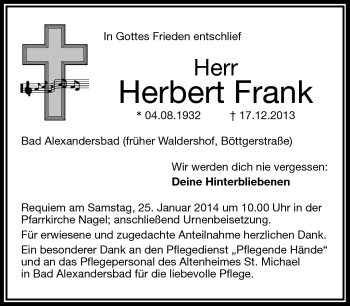 Traueranzeige von Herbert Frank von Frankenpost