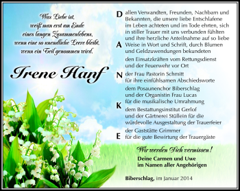 Traueranzeige von Irene Hanf von Südthüringer Presse
