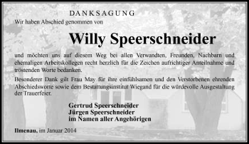 Traueranzeige von Willy Speerschneider von Südthüringer Presse