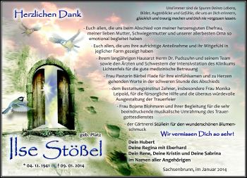 Traueranzeige von Ilse Stößel von Südthüringer Presse