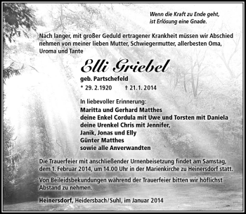 Traueranzeige von Elli Griebel von Südthüringer Presse