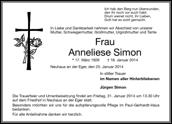 Traueranzeige von Anneliese Simon von Frankenpost