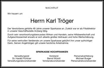 Traueranzeige von Karl Tröger von Frankenpost