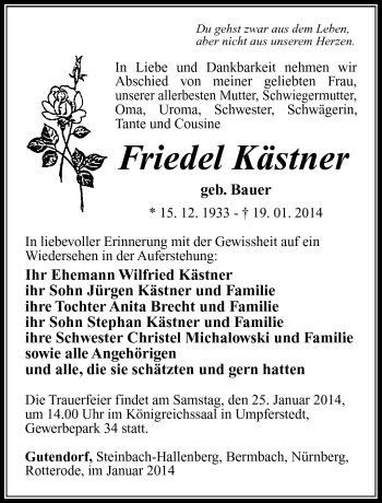 Traueranzeige von Friedel Kästner von Südthüringer Presse