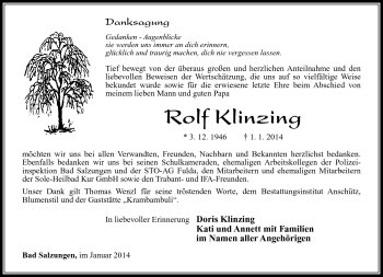 Traueranzeige von Rolf Klinzing von Südthüringer Presse