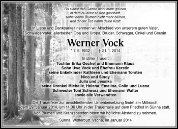 Traueranzeige von Werner Vock von Südthüringer Presse